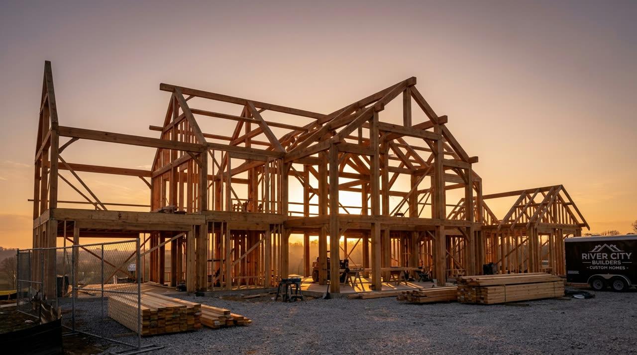 Post and beam framing at golden hour