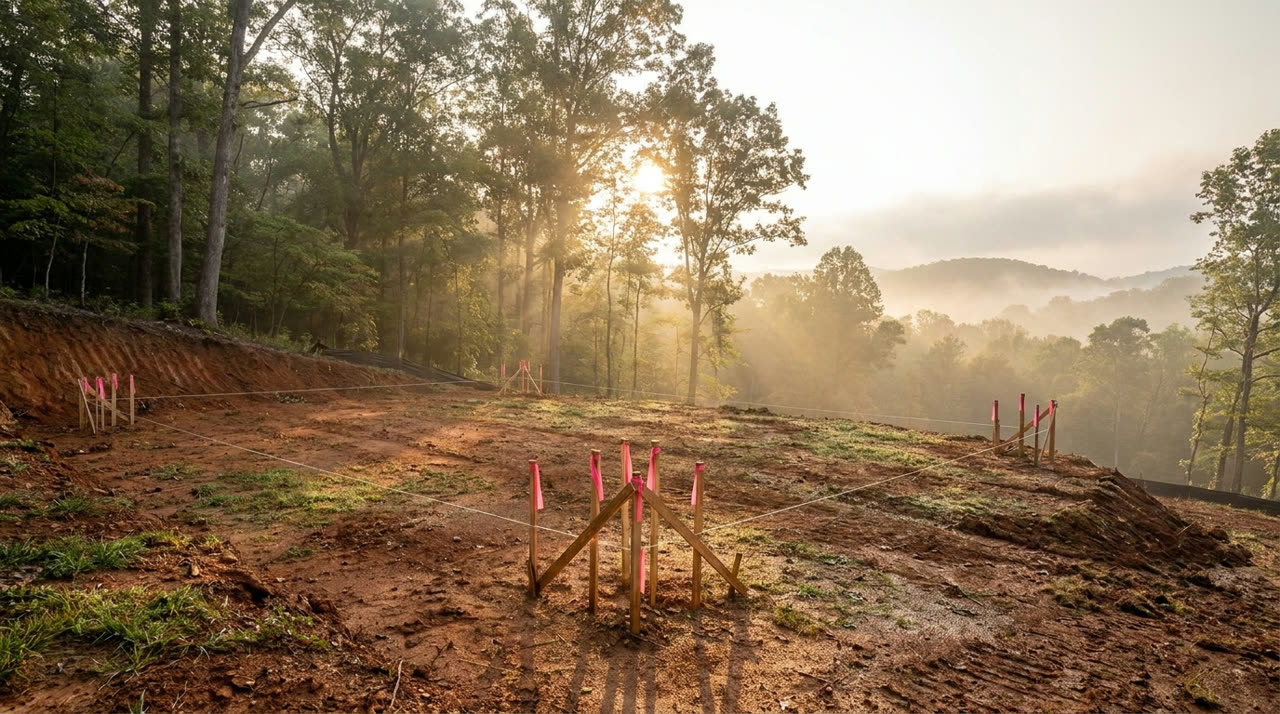 Wooded lot at dawn