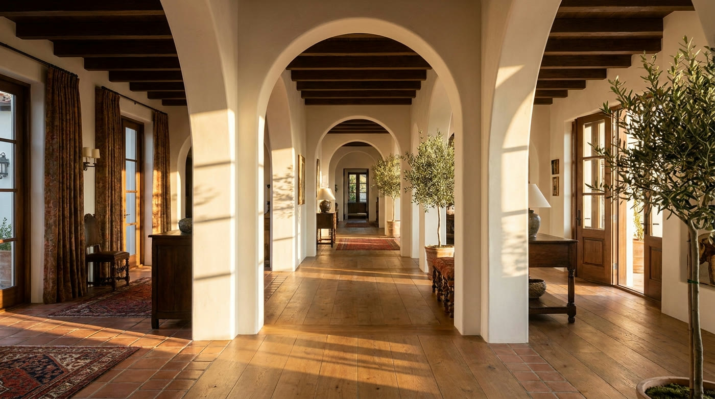 Arched hallway in warm light