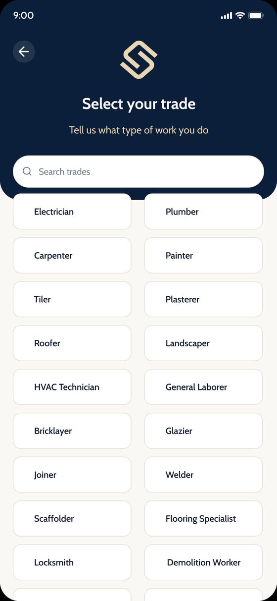 Select your trade during onboarding